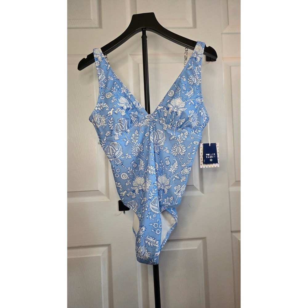 Roller Rabbit Target Blue Floral One Piece Swimsuit V-Neck Medium M 8-10 NWT